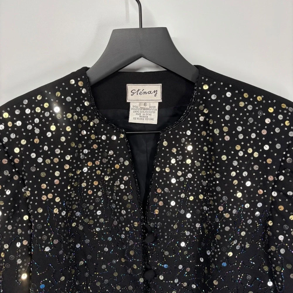 Stenay Sequin Beaded Jacket Womens 6 Black Gold Silver Evening Formal Vintage